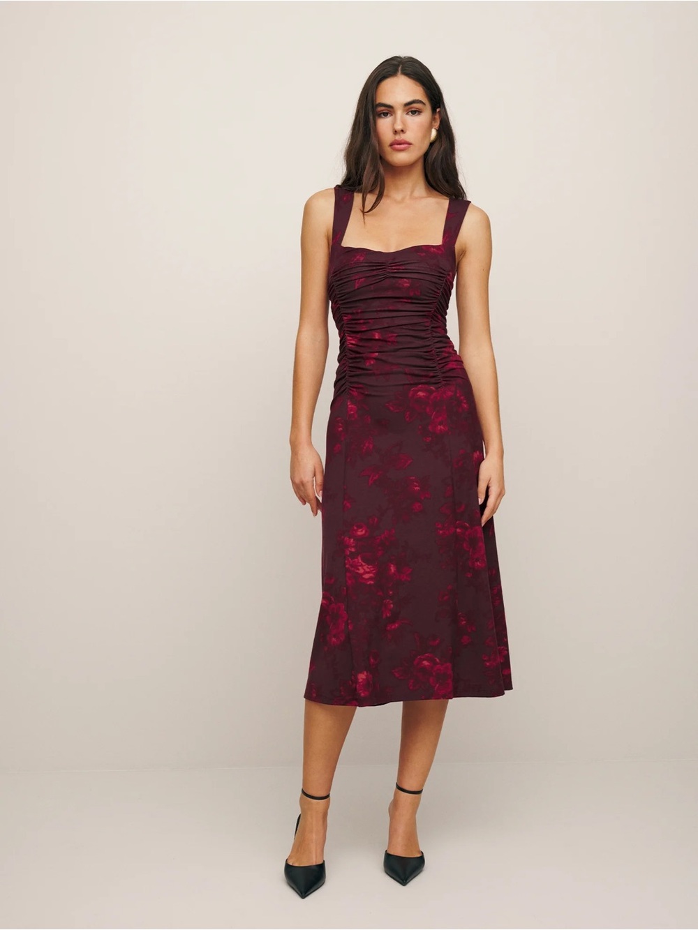 Reformation Suvi Ruched Midi Dress in Burgundy Floral